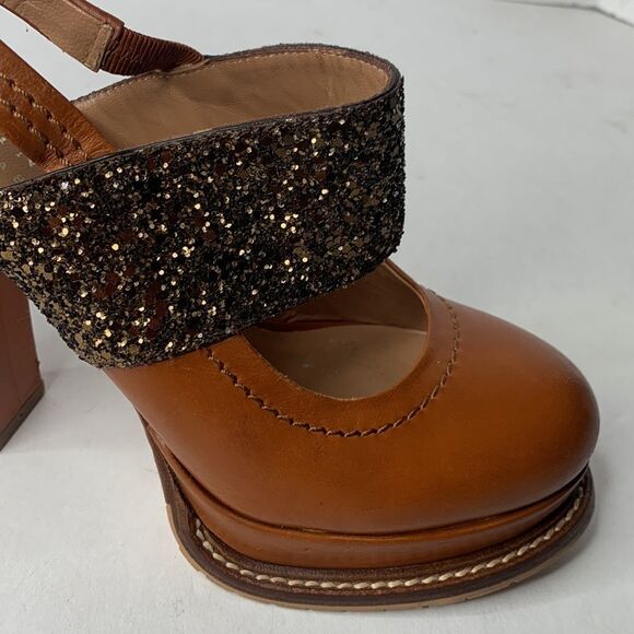 Twin-Set gold glitter tan leather platform pumps - Picture 6 of 10